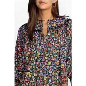 Johnny Was Sz L Floral Risa Poplin Blouse Keyhole Neckline Lace Peasant Prairie